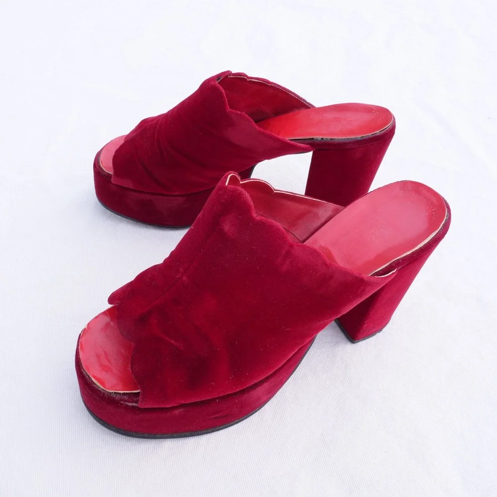 True vintage 1970s Montgomery Ward red velvet open toe platforms mules